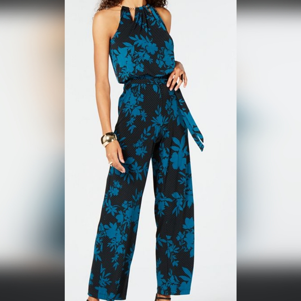 Floral Halter Jumpsuit - Greenish Blue and Black